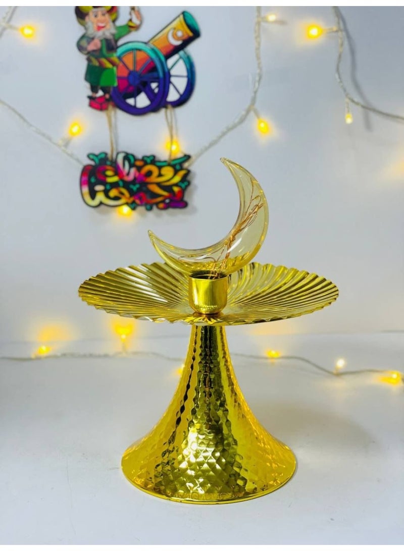 تمارة رمضان  طبق تقديم التمر بالهلال والنجمة الليد المضيئ الورم  باللون الذهبي  الخامة المعدن المقاس : ٢٣ سم  الحجم الوسط - Image 2