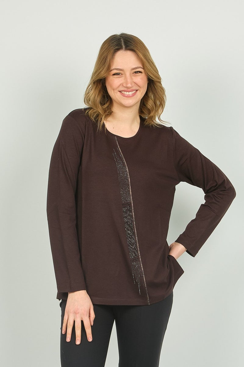 Detay Triko Detail Knitwear Women's Crew Neck Stone Embroidered Long Sleeve Blouse 4565 Brown  - Image 1