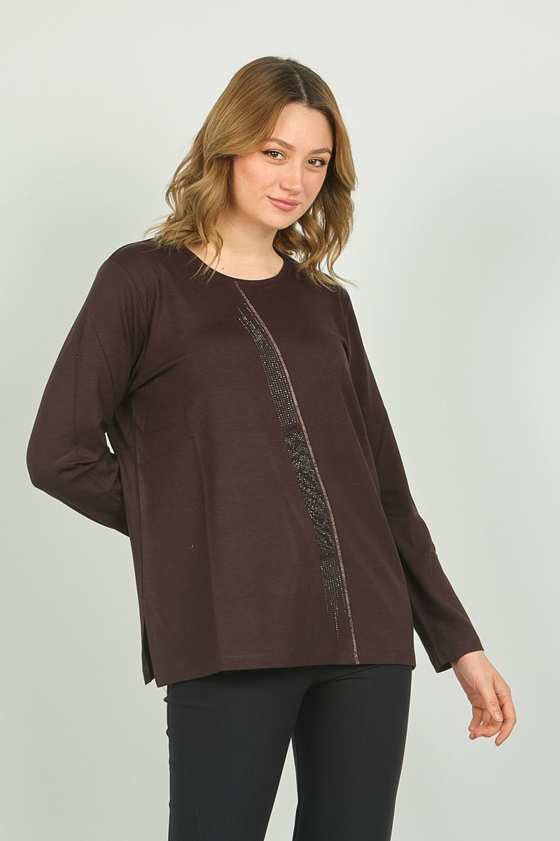 Detay Triko Detail Knitwear Women's Crew Neck Stone Embroidered Long Sleeve Blouse 4565 Brown  - Image 2
