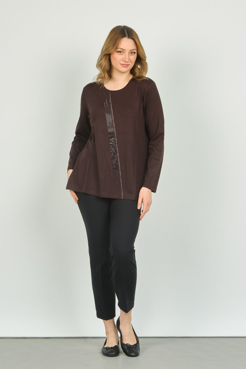 Detay Triko Detail Knitwear Women's Crew Neck Stone Embroidered Long Sleeve Blouse 4565 Brown  - Image 3