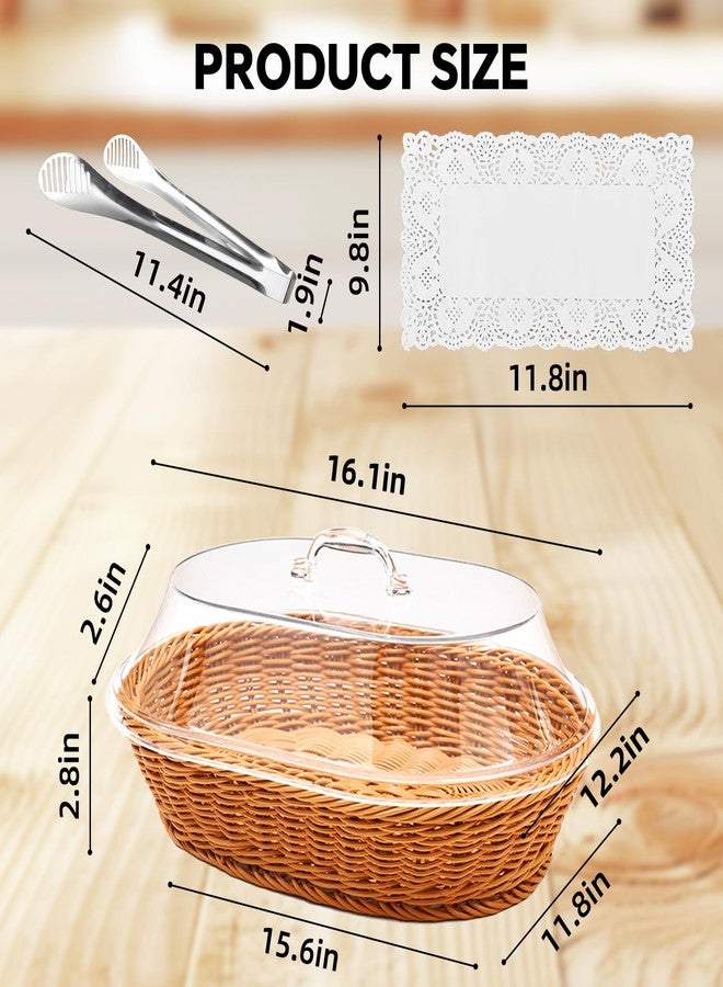 Trez Treamer Rattan Bread Baskets, 2 Pack, Oval Woven Baskets with Acrylic Lids, 15.75 x 11.81 inches, Stainless Steel Tongs, Lace Doilies, for Bread, Fruit, Food Display - Image 2