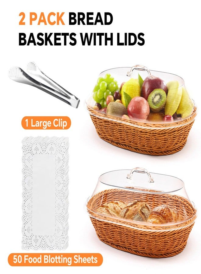 Trez Treamer Rattan Bread Baskets, 2 Pack, Oval Woven Baskets with Acrylic Lids, 15.75 x 11.81 inches, Stainless Steel Tongs, Lace Doilies, for Bread, Fruit, Food Display - Image 3