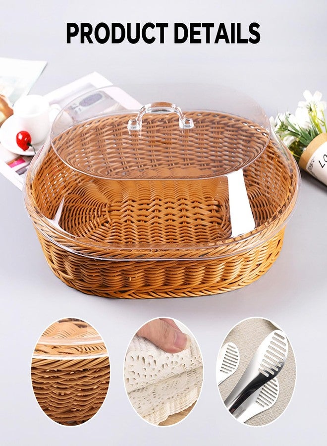 Trez Treamer Rattan Bread Baskets, 2 Pack, Oval Woven Baskets with Acrylic Lids, 15.75 x 11.81 inches, Stainless Steel Tongs, Lace Doilies, for Bread, Fruit, Food Display - Image 4