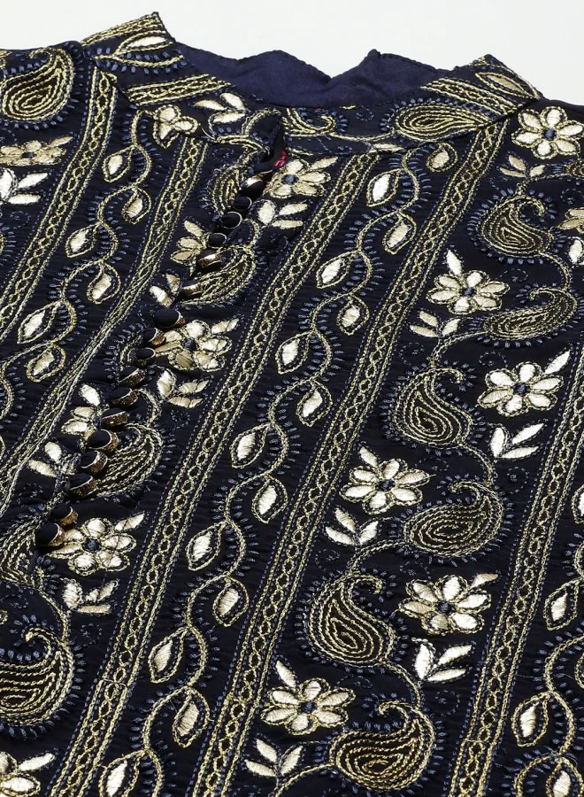 ISHIN Women's Navy Blue 100% Cotton Embroidered A-Line Kurta Set