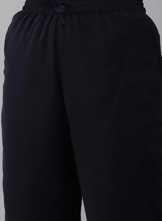 ISHIN Women's Navy Blue 100% Cotton Embroidered A-Line Kurta Set