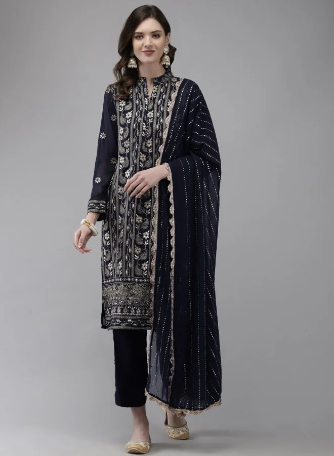 ISHIN Women's Navy Blue 100% Cotton Embroidered A-Line Kurta Set