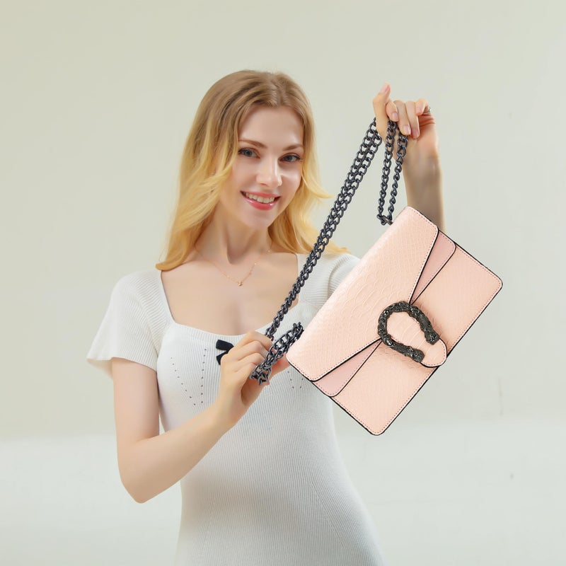 DEEPMEOW Crossbody Shoulder Evening Bag for Women - Snake Printed Leather Messenger Bag Chain Strap Clutch Small Square Satchel Purseï¼ˆPinkï¼‰ - Image 2