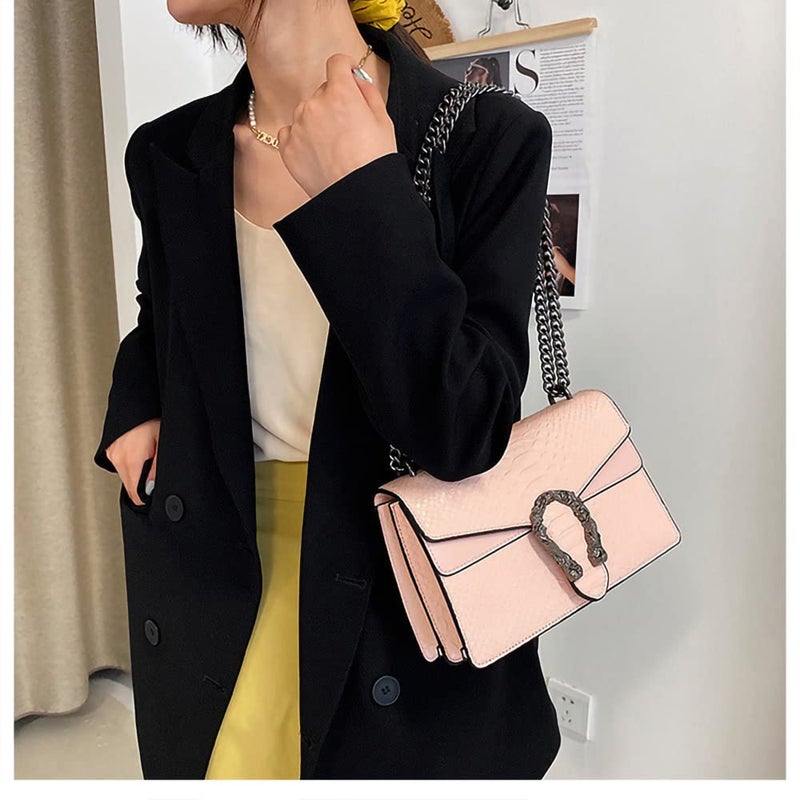 DEEPMEOW Crossbody Shoulder Evening Bag for Women - Snake Printed Leather Messenger Bag Chain Strap Clutch Small Square Satchel Purseï¼ˆPinkï¼‰ - Image 3