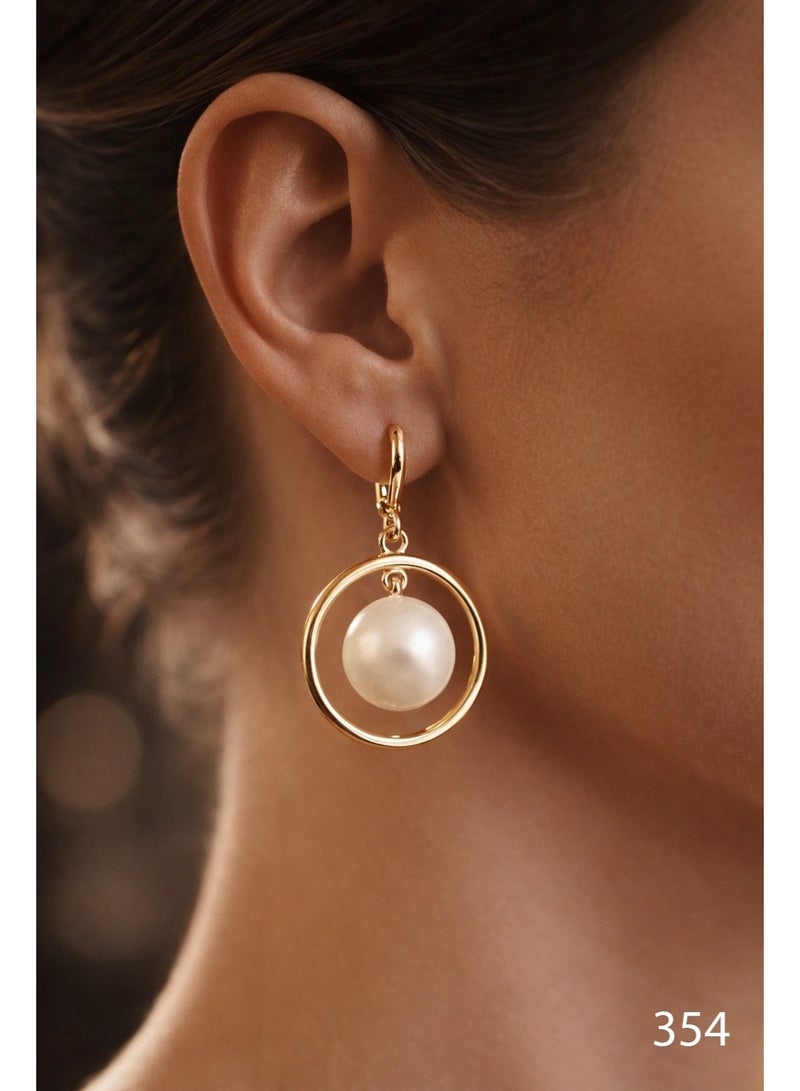 3Diamonds Gold Plated Hoop Drop Earrings with Pearl-Style Bead - Image 2