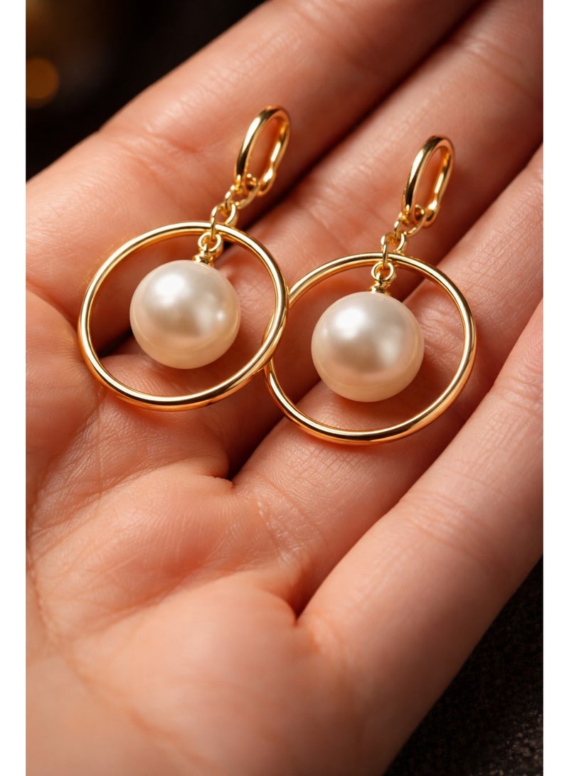 3Diamonds Gold Plated Hoop Drop Earrings with Pearl-Style Bead - Image 3