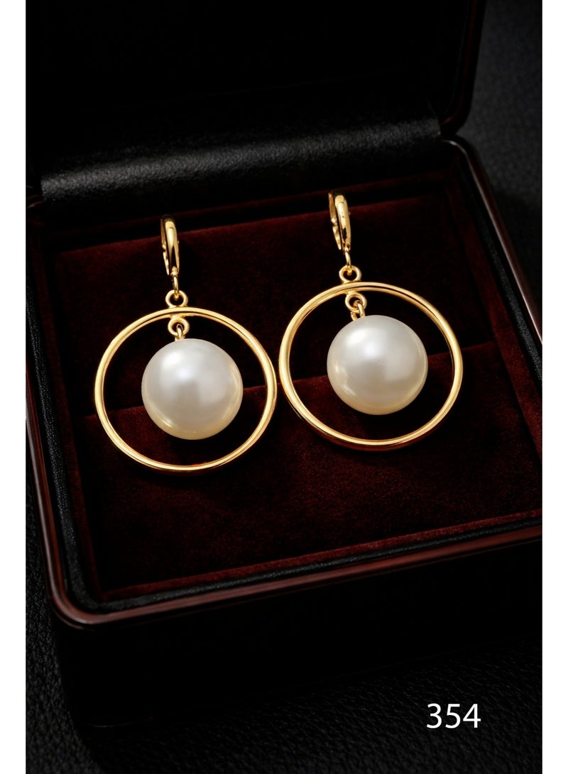 3Diamonds Gold Plated Hoop Drop Earrings with Pearl-Style Bead - Image 1