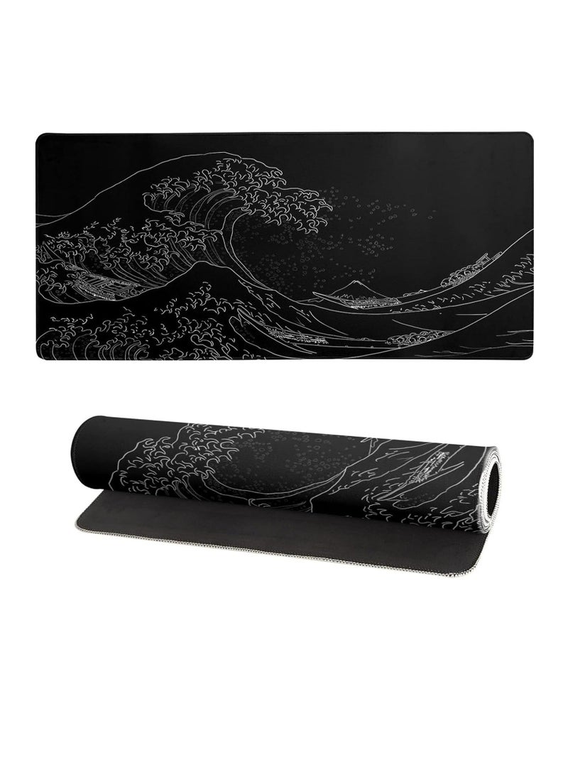 DUNISO Gaming Mouse Pads With Large Size 80X30cm, Japanese Sea Wave, Mouse Mat For Computer, Office, Non Slip Rubber Base, Waterpfoof, Easy To Clean(Black) - Image 2