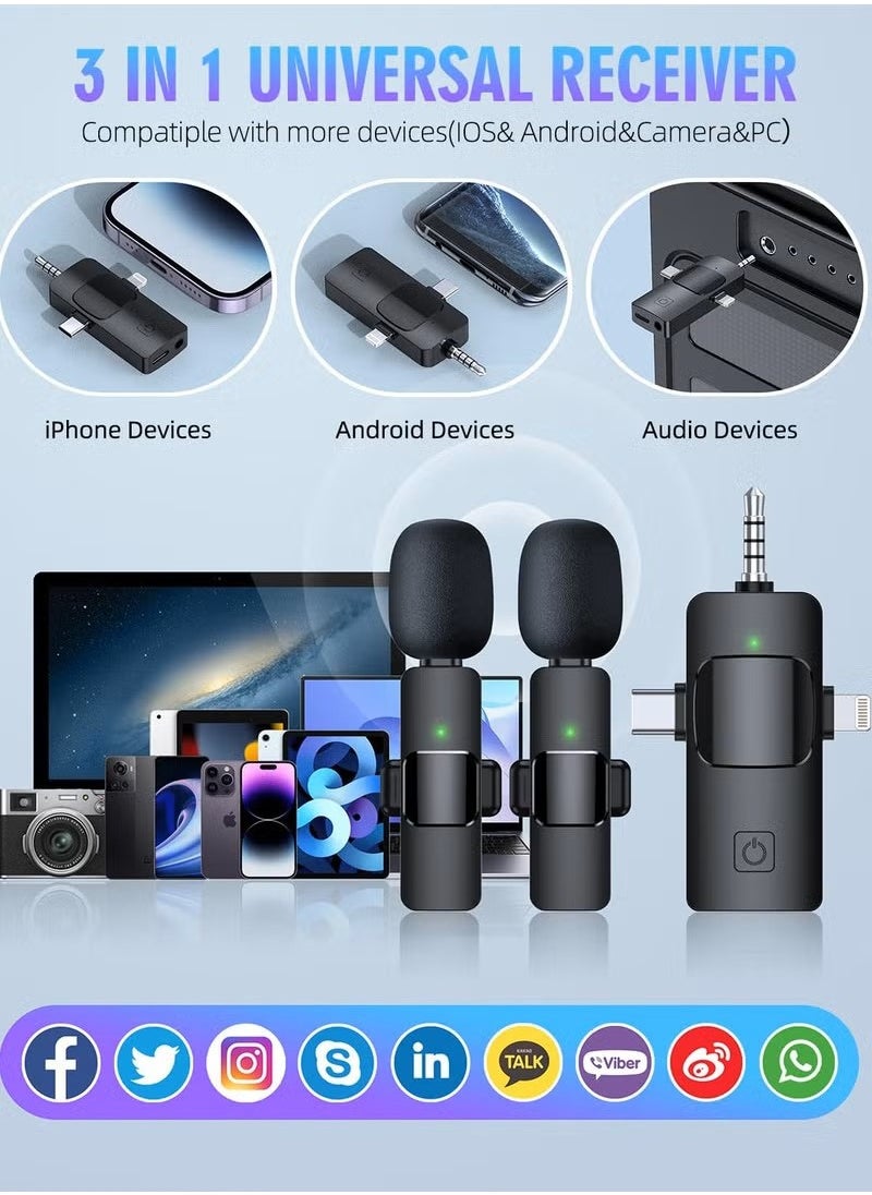 3 in 1 Wireless Lavalier Microphones for iPhone, iPad, Android, Camera, USB-C MicrophoneMini Microphone with Noise Reduction for Video Recording, Vlog, YouTube, TikTok