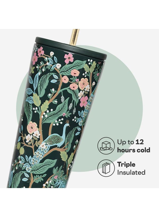 CORKCICLE كوب معزول من Rifle Paper Co. مع غطاء وقشة - يحافظ على المشروبات باردة لمدة 12 ساعة - هدية للأم - مثالي ليوم الأم أو عيد الميلاد - 24 أونصة - أزرق طاووس - Image 3