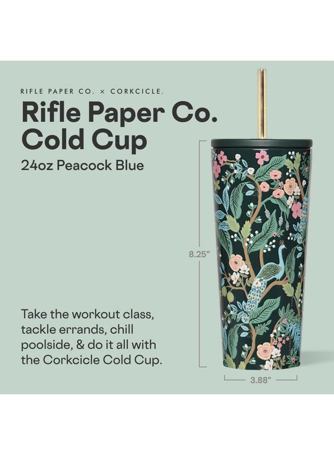 CORKCICLE كوب معزول من Rifle Paper Co. مع غطاء وقشة - يحافظ على المشروبات باردة لمدة 12 ساعة - هدية للأم - مثالي ليوم الأم أو عيد الميلاد - 24 أونصة - أزرق طاووس - Image 2