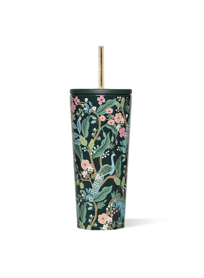 CORKCICLE كوب معزول من Rifle Paper Co. مع غطاء وقشة - يحافظ على المشروبات باردة لمدة 12 ساعة - هدية للأم - مثالي ليوم الأم أو عيد الميلاد - 24 أونصة - أزرق طاووس - Image 1