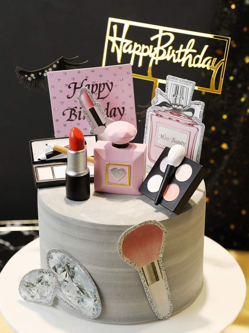 MEMOVAN Makeup Cake Topper 4 Pack, Resin Cosmetics Lipstick Perfume Bottle Eye Shadow Blush Make up Cake Decorations for Bridal Shower Bachelorette Girl Women Spa Salon Themed Birthday Party Supplies - Image 3
