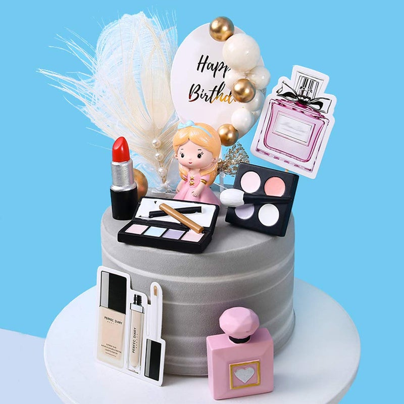 MEMOVAN Makeup Cake Topper 4 Pack, Resin Cosmetics Lipstick Perfume Bottle Eye Shadow Blush Make up Cake Decorations for Bridal Shower Bachelorette Girl Women Spa Salon Themed Birthday Party Supplies - Image 2
