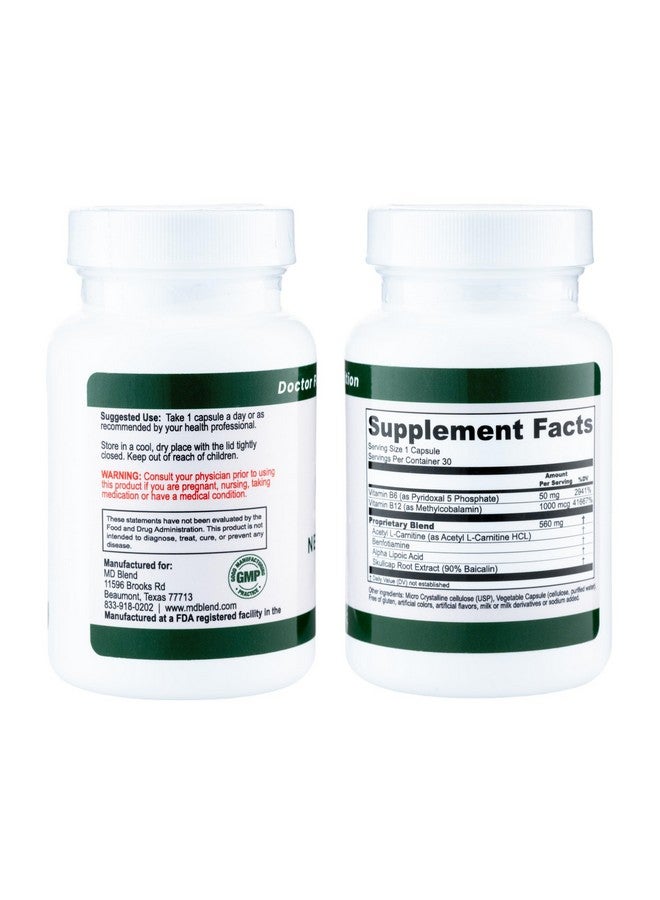M.D. Blend Neuropathy - Expert Formulated - Natural Blend for Optimal Nerve Wellness - Alpha Lipoic Acid, L-Carnitine, Vitamins B6 & B12, Skullcap Root, Acetyl L-Carnitine - 30 Capsules (1 Pack) - Image 2