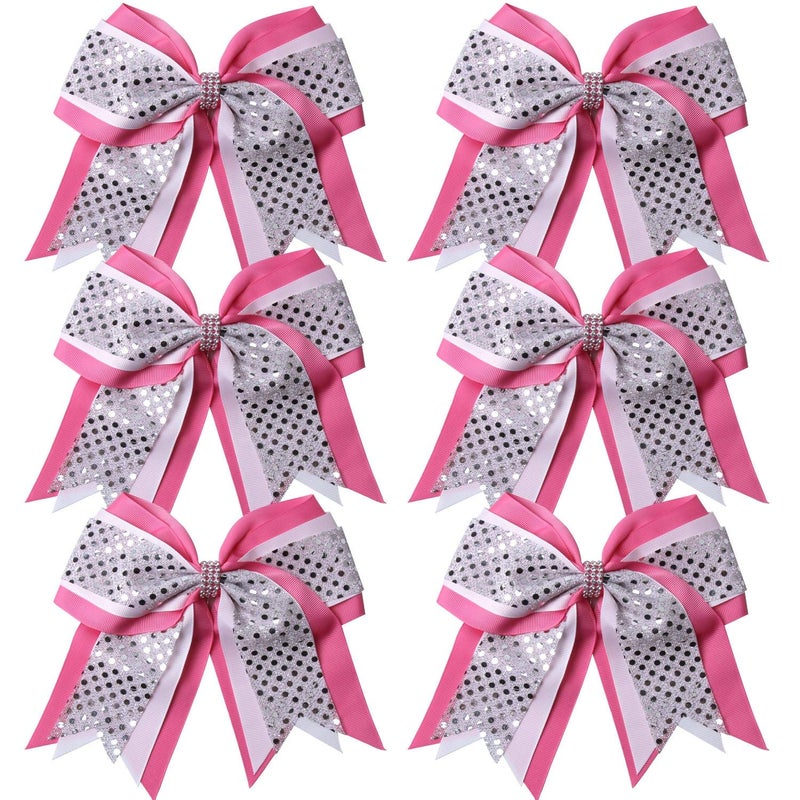 Cheerleader Bows 8 Inch 3 Layers 6 Pcs Ponytail Holder Jumbo Cheerleading Bows Hair Elastic Hair Tie for High School College PinkWhiteSilver