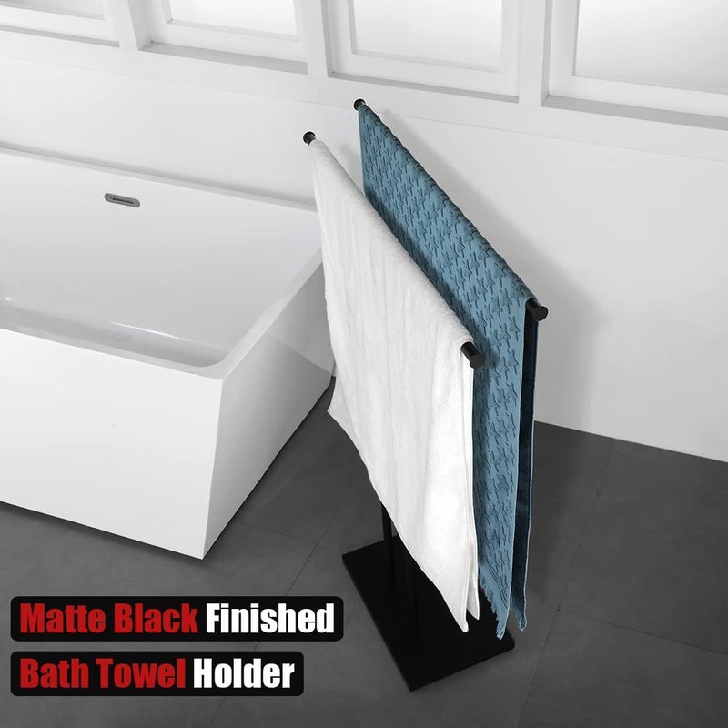 JQK Bath Towel Holder Stand Black, 30 Inch Free Standing Double Towel Rack Shelf for Bathroom Floor, Matte Black, BTH100L30-PB - Image 4