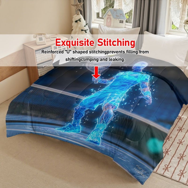 لحاف الفراش لجميع الفصول، مقاس الملكة، 90 × 90 بوصة، مطبوع برسوم لاعب تنس باللون الأزرق الرقمي، محشو بالألياف، مخيط على شكل حرف U. - Image 2