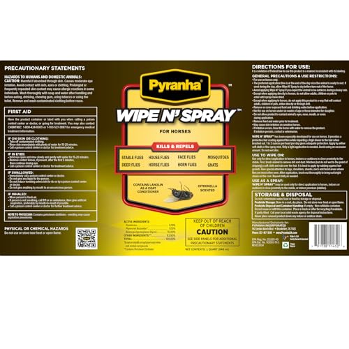 PYRANHA Wipe N' Spray for Horses - Oil-Based Long Lasting Fly Control Repels Horn, Deer, Horse, House, Stable, & Face Flies, Ticks, Mites, Mosquitoes, Gnats & Lice, 1 Quart - Image 5