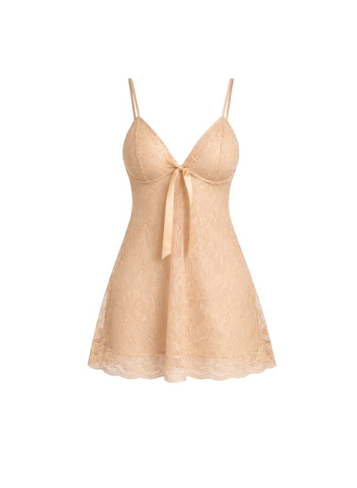 Cute Elegant Women Lace Nightdress in Ivory Beige – Lightweight Sheer Lace Sleepwear with Bow - Image 4