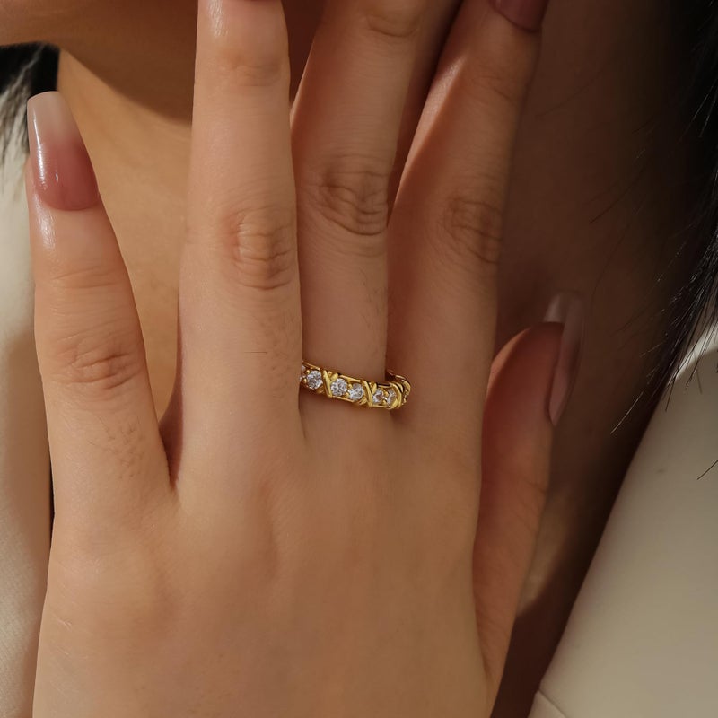 Qitian Gold CZ Wedding Band Rings for Women, Cubic Zirconia Stackable Ring Set, Simulated Diamond 14K Two-Tone Engagement Ring, Thin Stacking Band, Gift for Her - Size 8 - Image 2