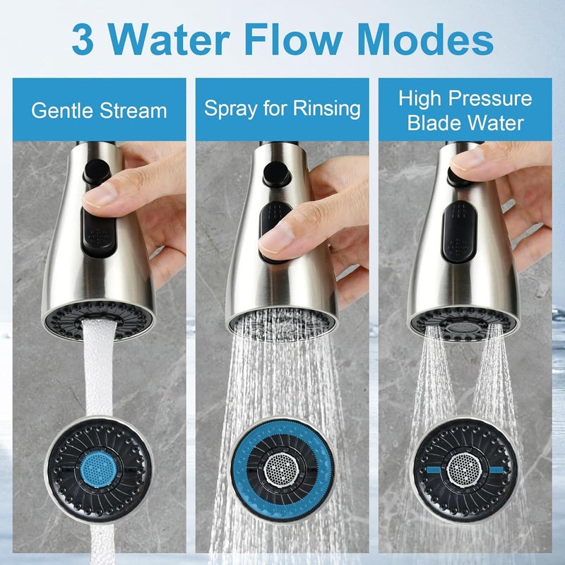 Beati Faucet رأس صنبور مطبخ بديل لـ WEWE-FORIOUS-Qomolangma-VFAUOSIT-BASDEHEN-WOWOW-VCCUCINE صنبور مطبخ قابل للسحب/الإنزال، 3 وضعيات رش، نيكل مصقول - Image 2