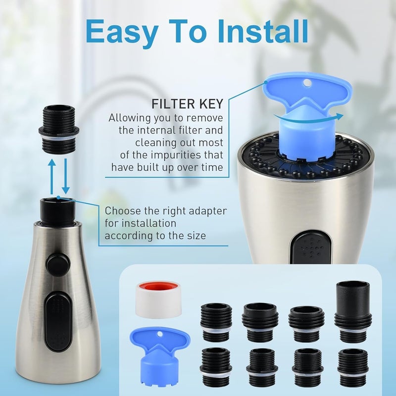 Beati Faucet رأس صنبور مطبخ بديل لـ WEWE-FORIOUS-Qomolangma-VFAUOSIT-BASDEHEN-WOWOW-VCCUCINE صنبور مطبخ قابل للسحب/الإنزال، 3 وضعيات رش، نيكل مصقول - Image 5