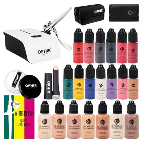 OPHIR طقم مكياج هوائي احترافي OPHIR مع ضاغط هواء 7x30 مل أساس مكياج تغطية كاملة 13x10 مل أحمر خدود وظلال عيون هوائية لمناسبات الأفلام والمسرح وحفلات الزفاف والمكياج بالرش - Image 2