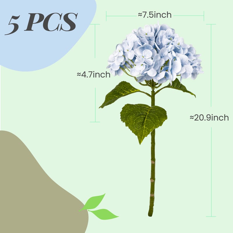 Yatim 21In Blue Artificial Hydrangea Flowers 5 Pcs Real Touch 3D Print Latex Flowers for Wedding Centerpieces Bouquets DIY Floral Decor Home Decoration with Stems - Image 2
