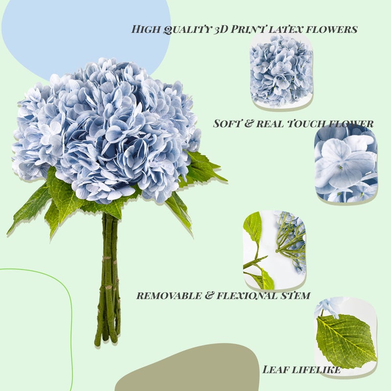 Yatim 21In Blue Artificial Hydrangea Flowers 5 Pcs Real Touch 3D Print Latex Flowers for Wedding Centerpieces Bouquets DIY Floral Decor Home Decoration with Stems - Image 3