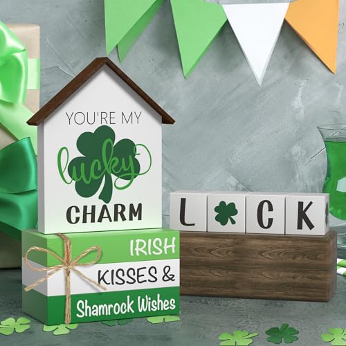 Tovwei St. Patrick's Day Decorations Shamrock Faux Books, 8 Pcs St. Patricks Day Tiered Tray Decor Book Stack Lucky Wooden Signs, Farmhouse Rustic Wooden Decor for Home Kitchen Table - Image 4