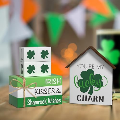 Tovwei St. Patrick's Day Decorations Shamrock Faux Books, 8 Pcs St. Patricks Day Tiered Tray Decor Book Stack Lucky Wooden Signs, Farmhouse Rustic Wooden Decor for Home Kitchen Table - Image 2