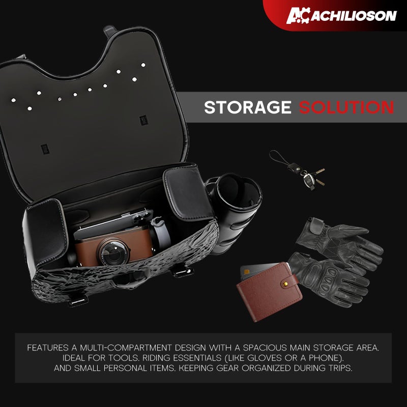 Achilioson 14L Motorcycle Tool Bag 3D Skull Embossed PU Leather Saddlebag with Handlebar Roll Bag, Universal Waterproof Black Motorcycle Side Bags Storage Pouch for Most Motorcycles - Image 3