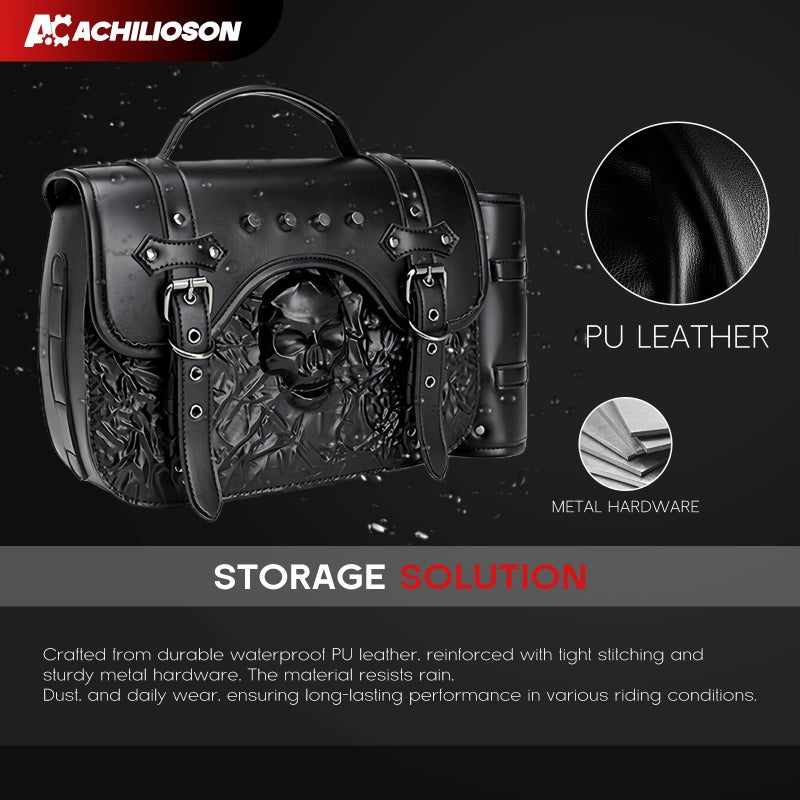 Achilioson 14L Motorcycle Tool Bag 3D Skull Embossed PU Leather Saddlebag with Handlebar Roll Bag, Universal Waterproof Black Motorcycle Side Bags Storage Pouch for Most Motorcycles - Image 4
