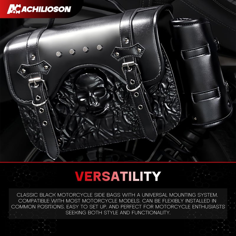 Achilioson 14L Motorcycle Tool Bag 3D Skull Embossed PU Leather Saddlebag with Handlebar Roll Bag, Universal Waterproof Black Motorcycle Side Bags Storage Pouch for Most Motorcycles - Image 2