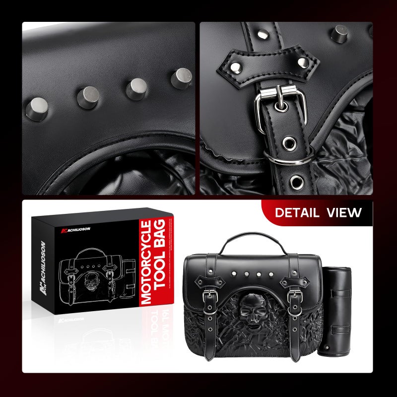 Achilioson 14L Motorcycle Tool Bag 3D Skull Embossed PU Leather Saddlebag with Handlebar Roll Bag, Universal Waterproof Black Motorcycle Side Bags Storage Pouch for Most Motorcycles - Image 5