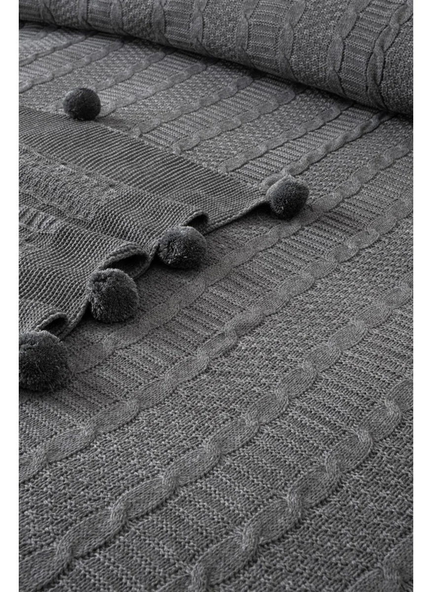 Sevim Double Pompom Knitted Blanket - Modern & Stylish Bedspread - Dark Grey - 220 x 240 cm