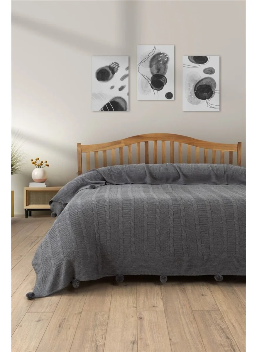 Sevim Double Pompom Knitted Blanket - Modern & Stylish Bedspread - Dark Grey - 220 x 240 cm