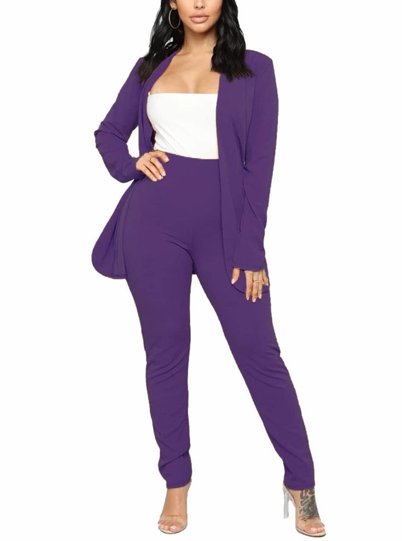 Aro Lora Women's 2 Piece Outfit Casual Solid Open Front Blazer and Pencil Pant Suits Set Medium Dark Purple - Image 1