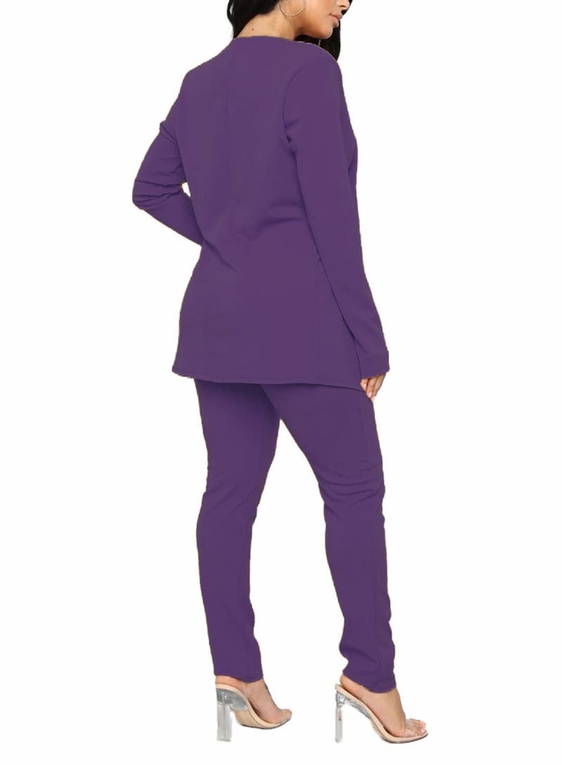 Aro Lora Women's 2 Piece Outfit Casual Solid Open Front Blazer and Pencil Pant Suits Set Medium Dark Purple - Image 2