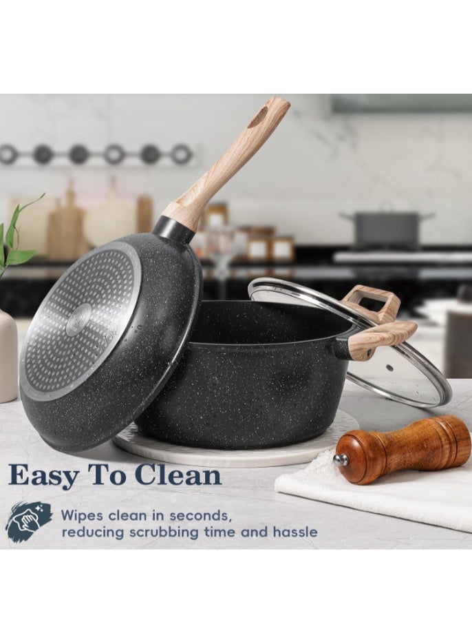 GOGOGO 12pcs Pots and Pans Set Non Stick Kitchen Cookware Sets Induction Cookware Nonstick Granite Cooking Set with Frying Pans, Saucepans, Steamer Silicone Shovel Spoon & Tongs (Black) - Image 2