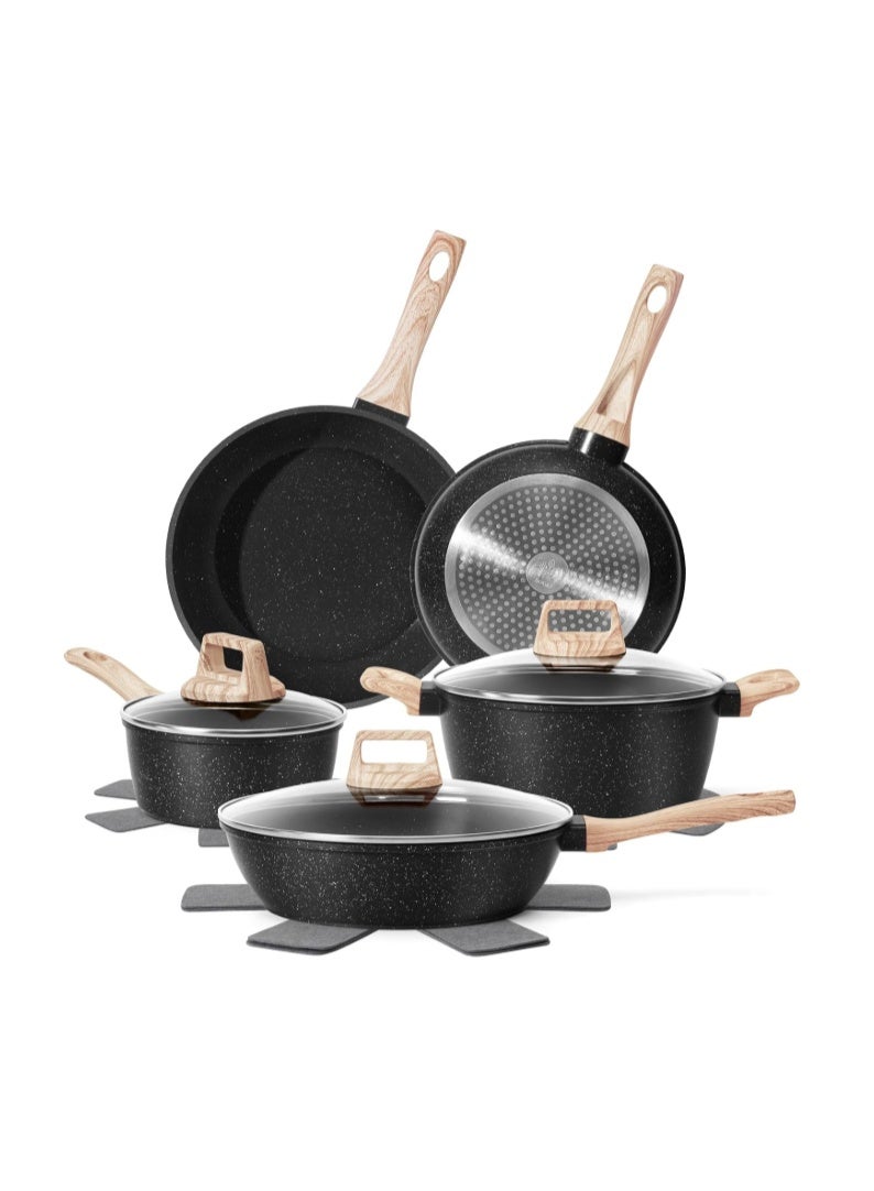 GOGOGO 12pcs Pots and Pans Set Non Stick Kitchen Cookware Sets Induction Cookware Nonstick Granite Cooking Set with Frying Pans, Saucepans, Steamer Silicone Shovel Spoon & Tongs (Black) - Image 1