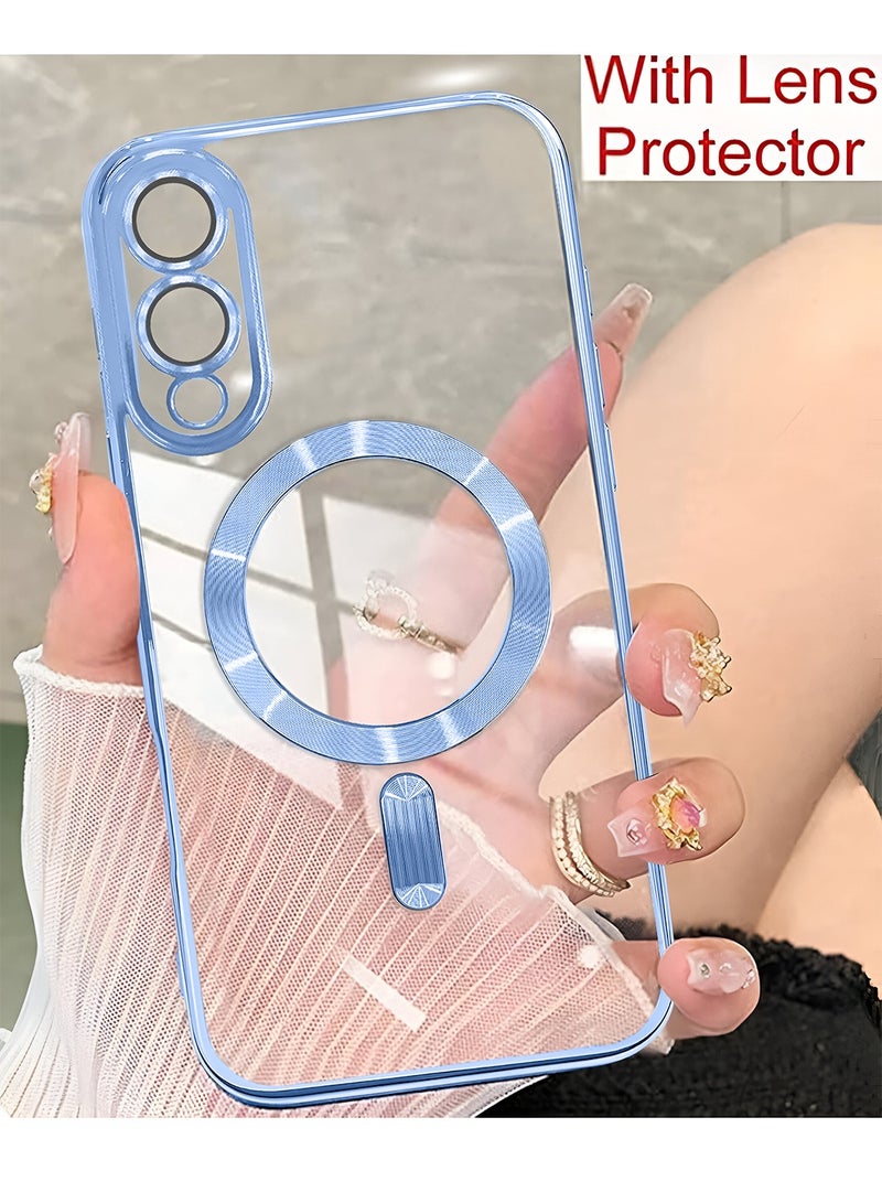 Wtech Samsung Galaxy S25 Edge 5G 2025 Magsafe PU Luxury Plating Raised Lips Camera Hole With Camera Lens Protection Case Cover - Clear/Sky Blue - Image 5