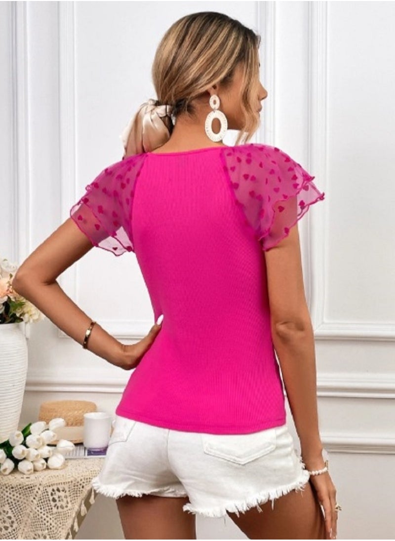 Shein - Privé Contrast Mesh Butterfly Sleeve Scoop Neck Tee - Image 1