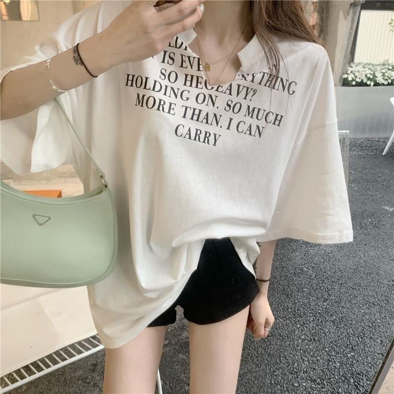 300 Jin Large Size Chubby Sister V-neck T-shirt Short Sleeve Womens Mid-length Niche Loose Slimming Western Style Summer Top Clothes White