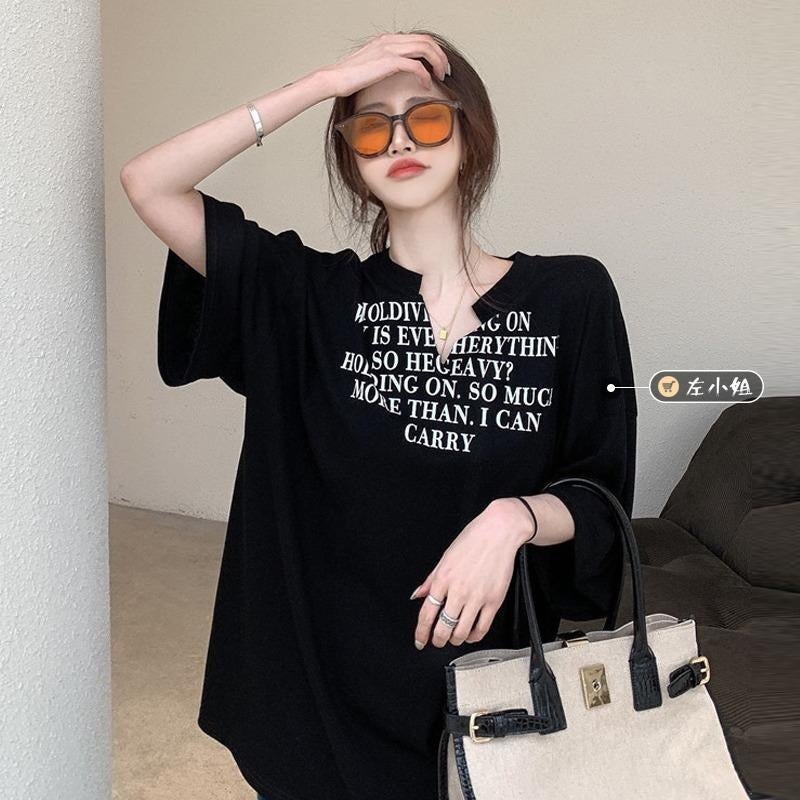 300 Jin Large Size Chubby Sister V-neck T-shirt Short Sleeve Womens Mid-length Niche Loose Slimming Western Style Summer Top Clothes White